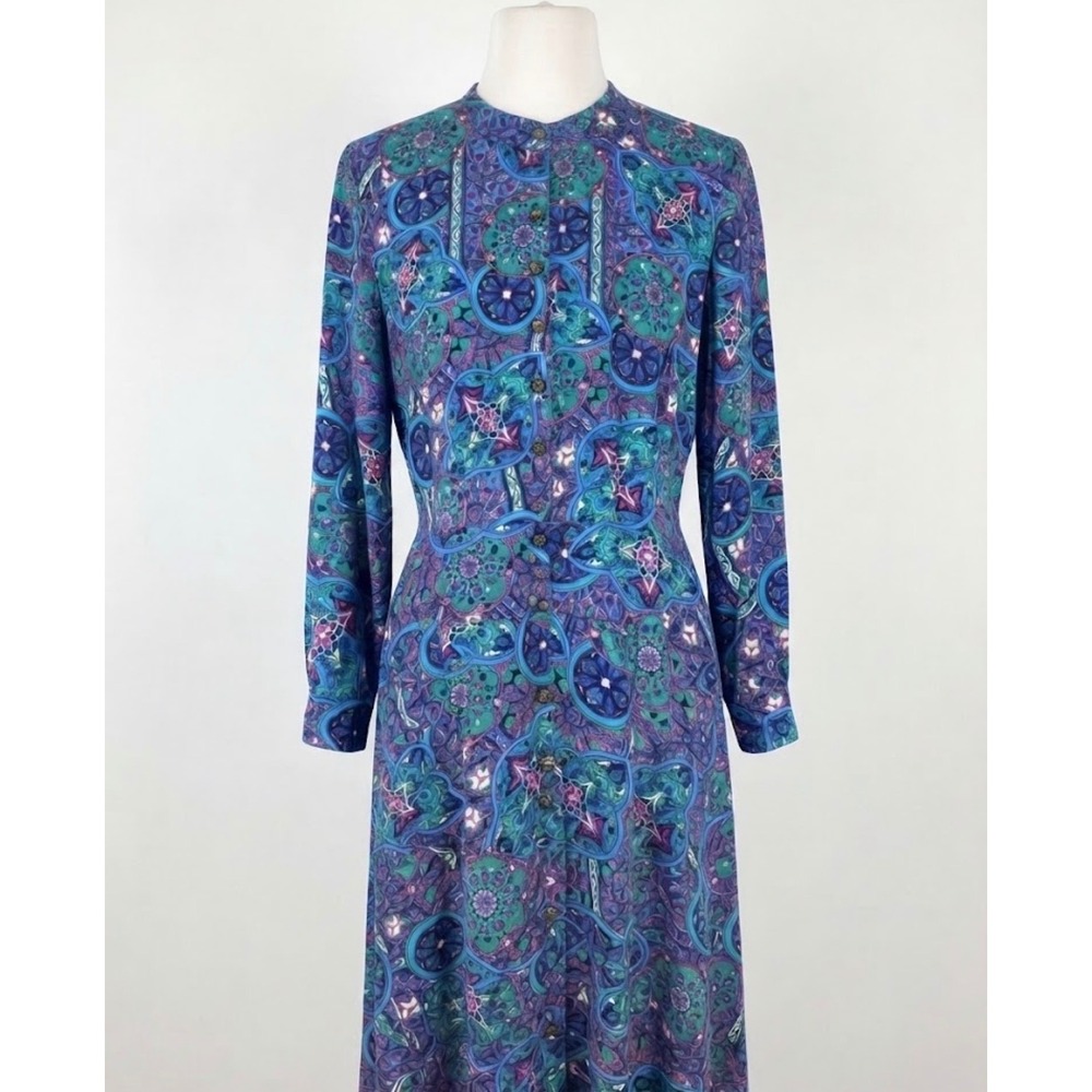 Liz Claiborne 90s Maxi Dress 14 Purple Teal Medallion Print Dress Button Front